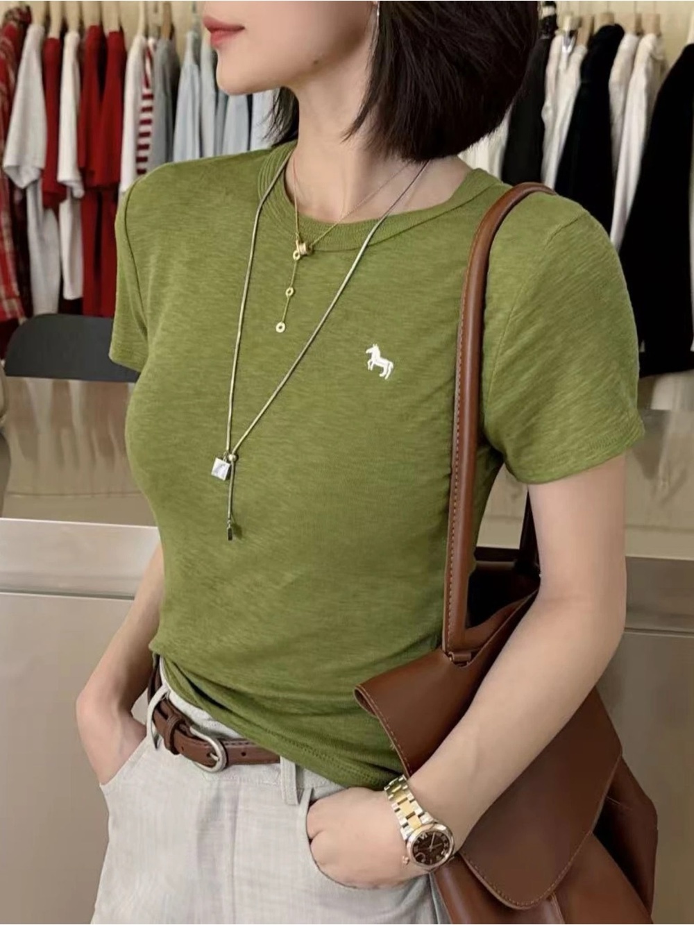 NWT Cute Olive Green Fitted Tee Minimal Clean Girl Top